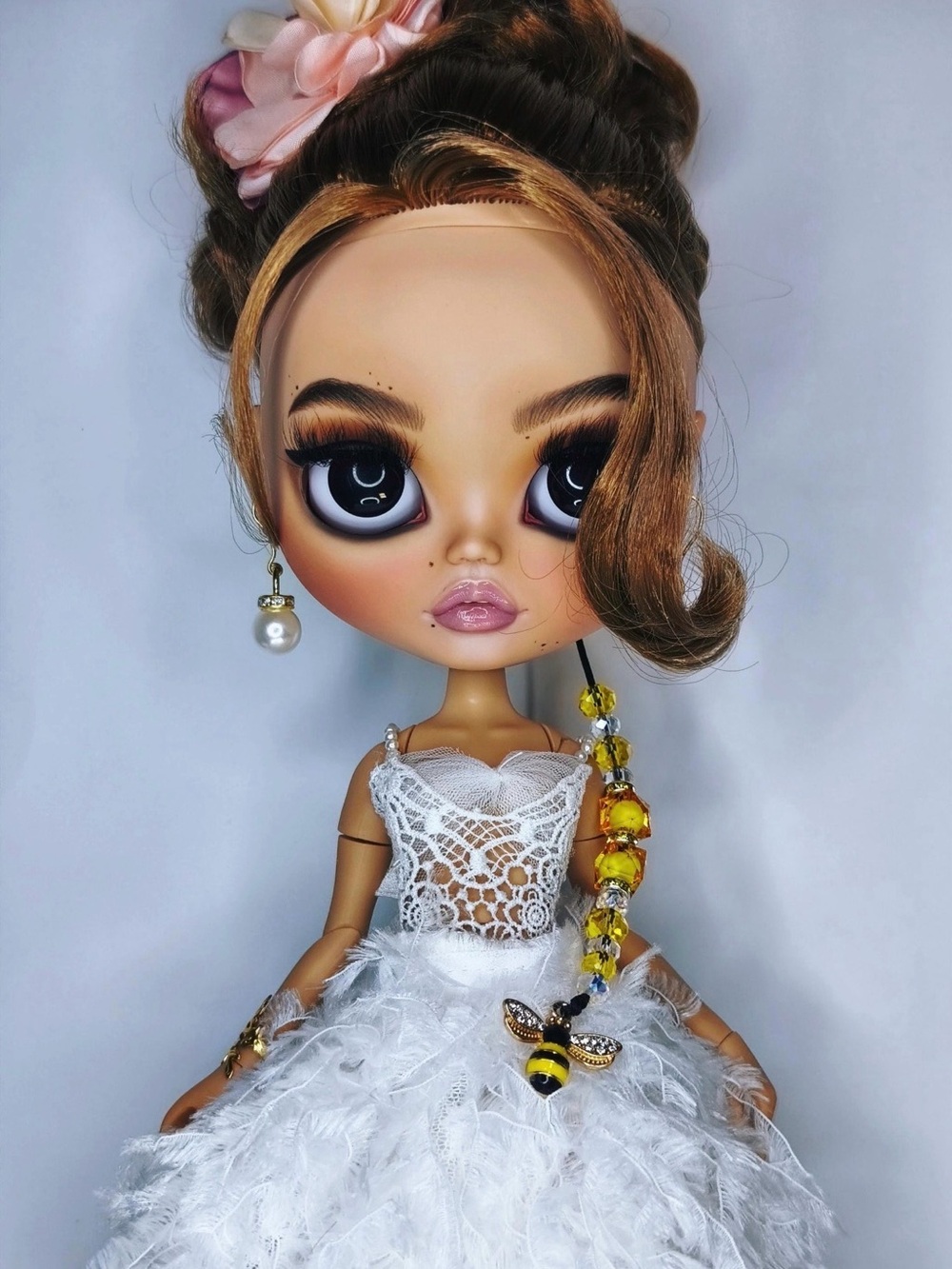 Handmade Blythe Doll in White Lace Feather Gown with Yellow Bee Necklace